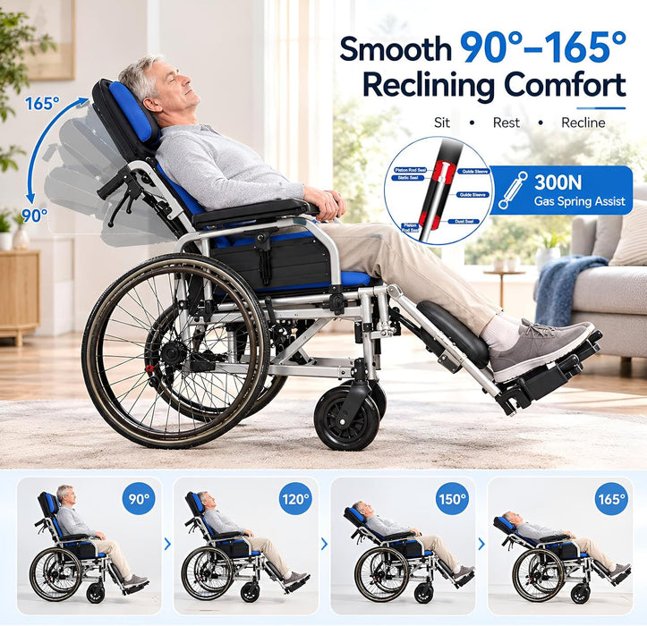Medivetix Lightweight Reclining Wheelchair for Adults – 18.1" Wide Seat, 330 Lbs, Elevating Leg Rests
