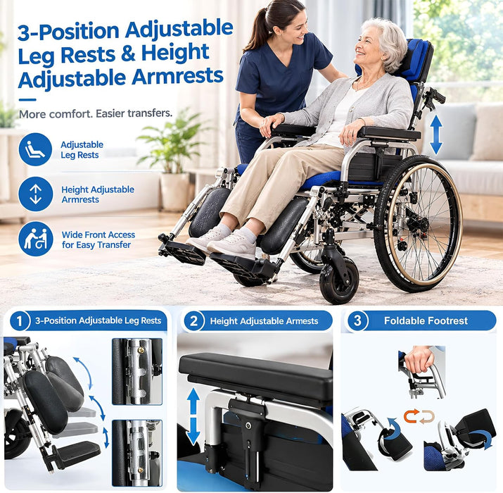 Medivetix Lightweight Reclining Wheelchair for Adults – 18.1" Wide Seat, 330 Lbs, Elevating Leg Rests