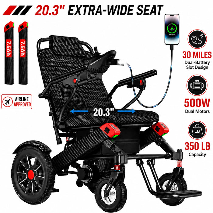 Foldable Electric Wheelchair for Adults – 30-Mile Range, 20.3" Wide Seat Power Wheelchair