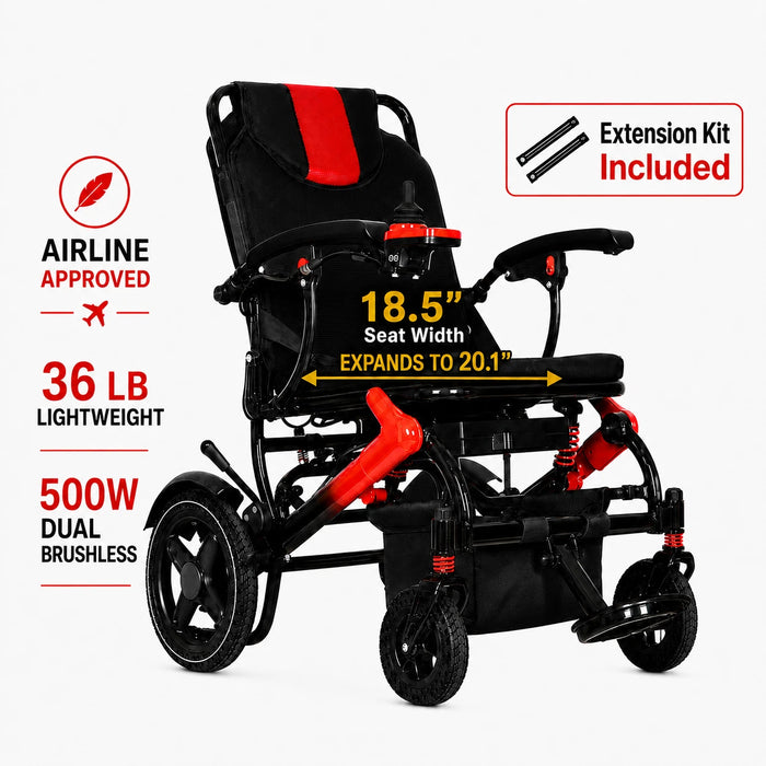 36lb Foldable Electric Wheelchair for Adults, 350lb Capacity, 500W Motor, 15-Mile Range, Adjustable 18.5–20.1 in Seat